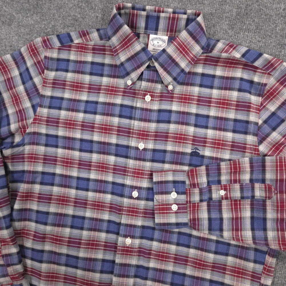 Brooks Brothers Oxford Shirt Mens M Blue Burgundy Plaid Regent Non Iron Preppy